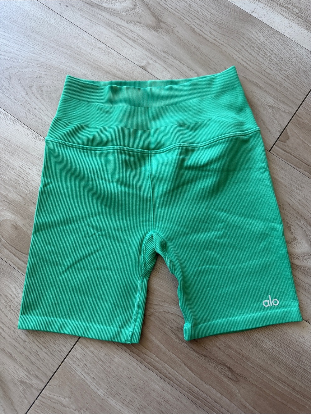 ALO Yoga Ribbed High-Waist Bike Shorts in Bright Green